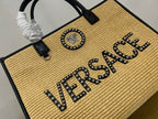 Versace Beige Raffia Tote Bag 40 With Black Cowhide Handle 175562