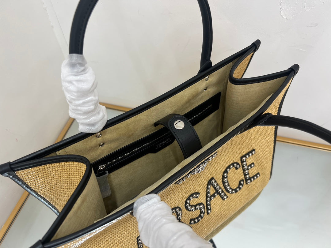 Versace Beige Raffia Tote Bag 40 With Black Cowhide Handle 175562