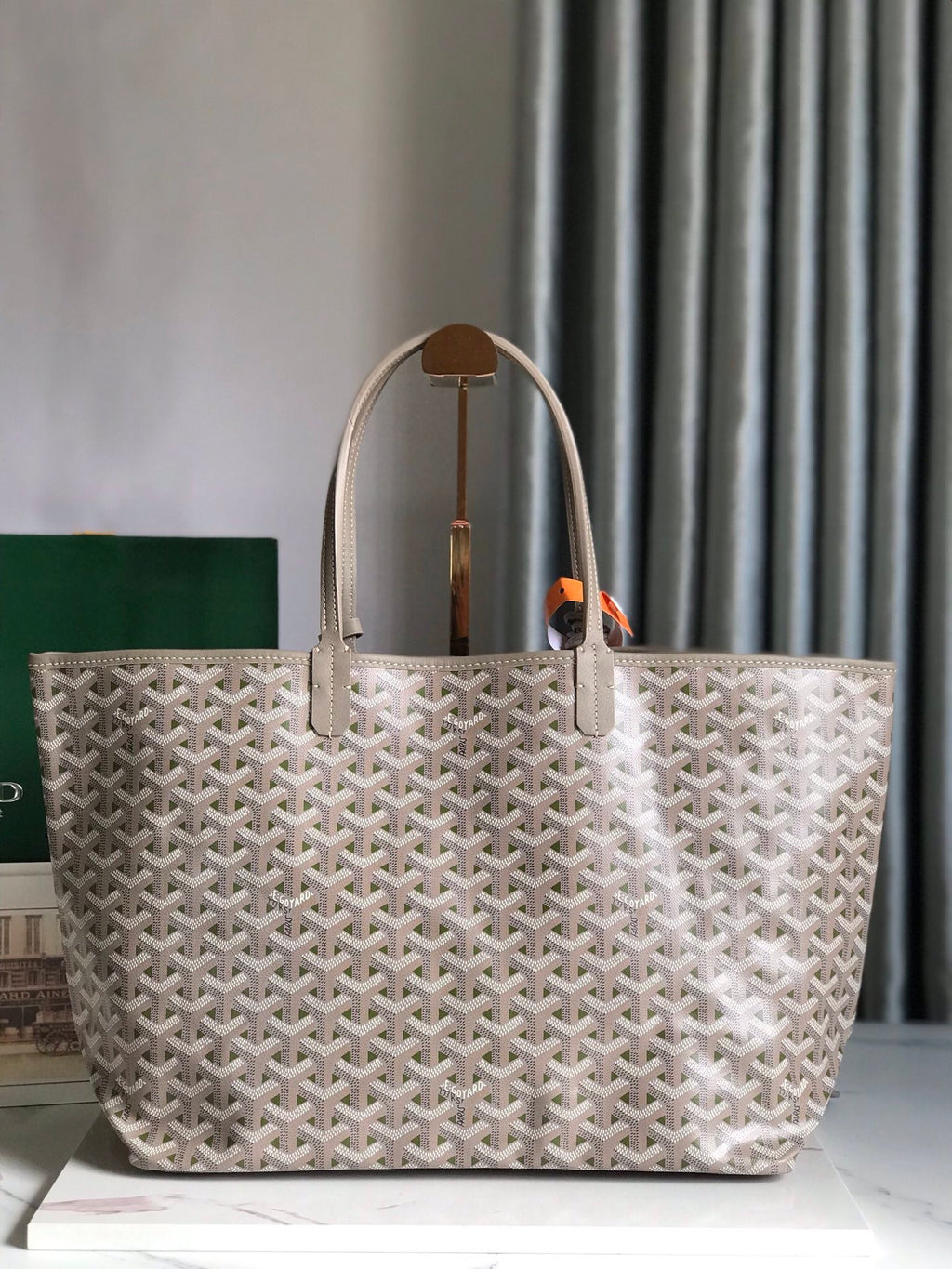 SAINT LOUIS PM 34 IN GREY MIX GREEN GOYARDINE CANVAS AND CALFSKIN