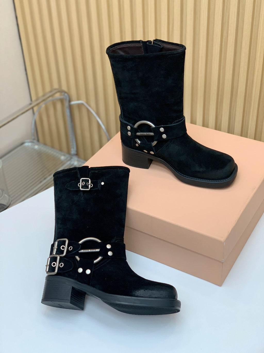 Miu Miu Biker Mid-Length Boots Black Suede 535196