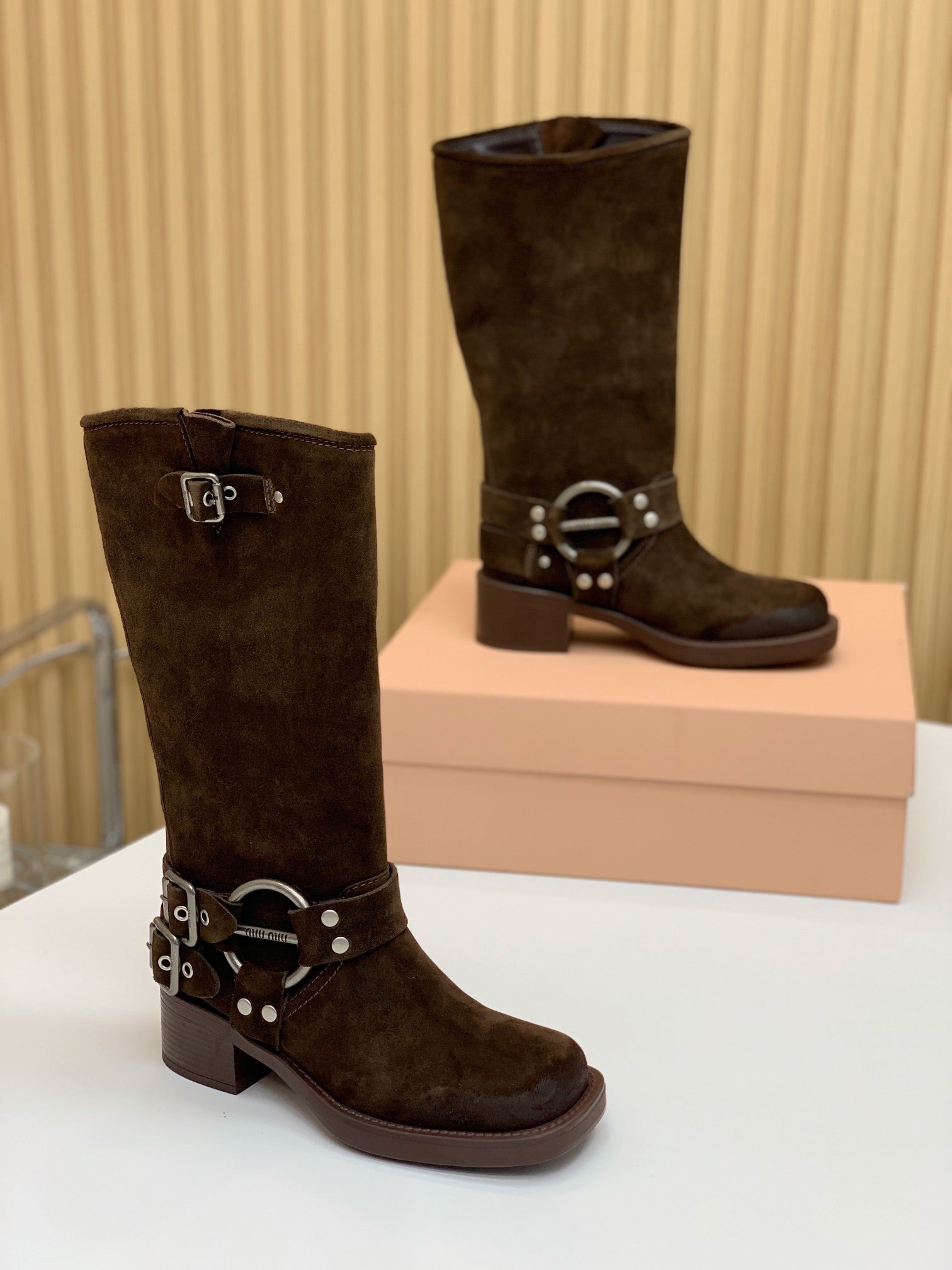 Miu Miu Biker Retro-Style Long Boots  Brown Suede 535201