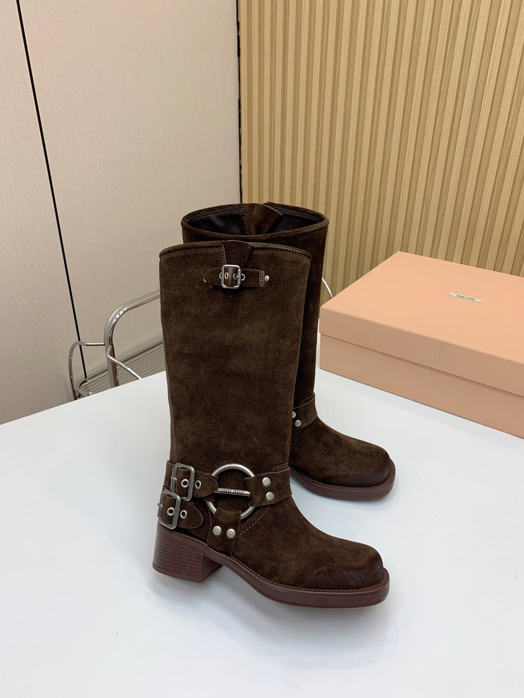 Miu Miu Biker Retro-Style Long Boots  Brown Suede 535201