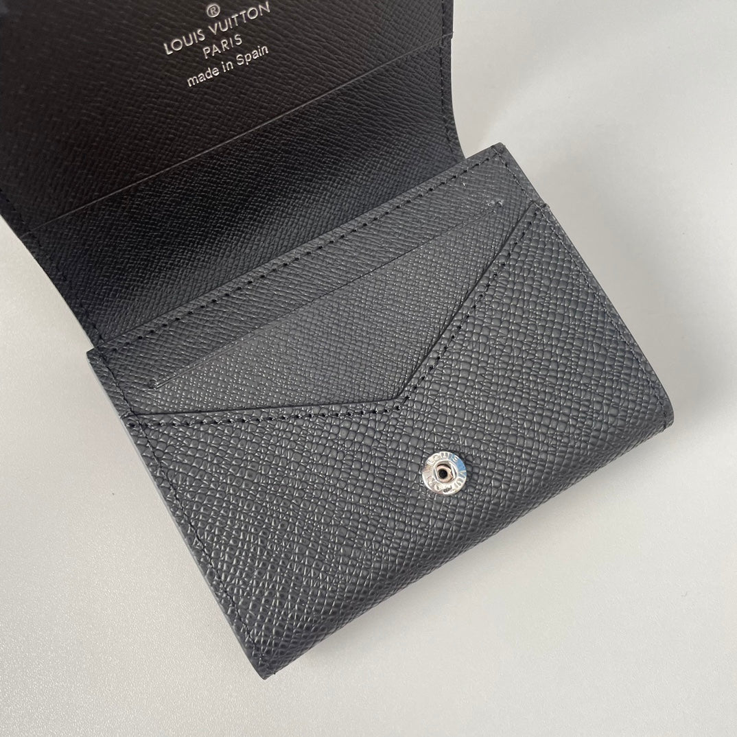 LV Enveloppe Carte De Visite Card Holder Black Taiga Leather 221503