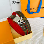 LV Initiales 30mm Reversible Belt Silver Rotating Buckle Red Brown Leather