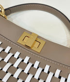 PEEKABOO 24 IN WHITE MIX BROWN INTERLACED CALFSKIN GOLD HARDWARE
