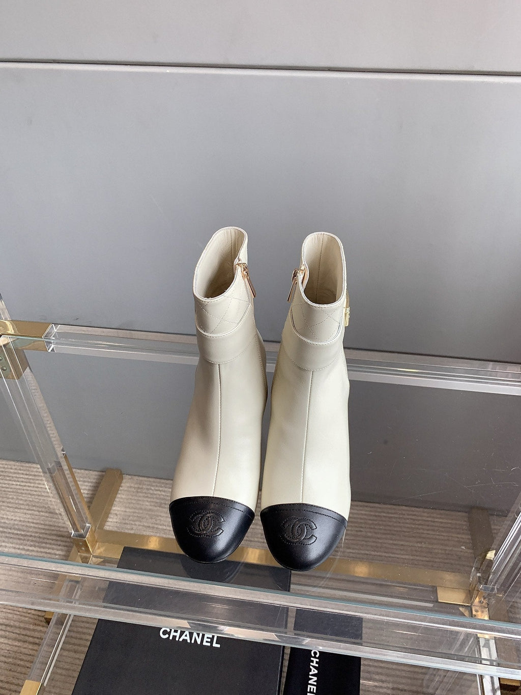 CC Square Toe Ankle Boots 70mm White Black Cowhide 464566