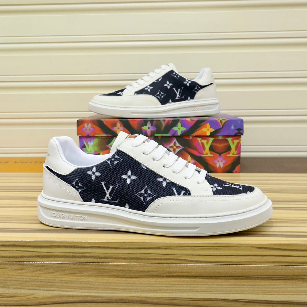 LV TRAINER SHOES BLACK MONOGRAM JACQUARD AND WHITE CALFSKIN