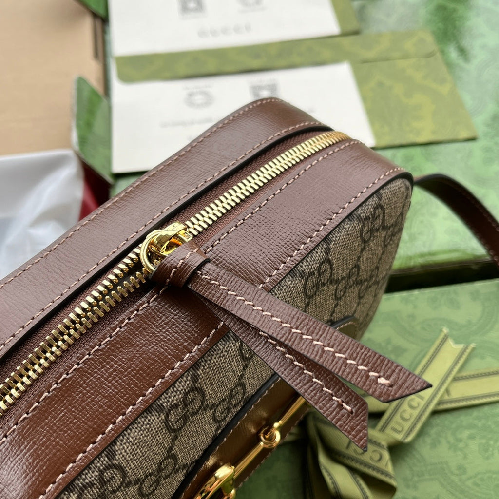 Gucci Horsebit 1995 Small Bag Brown mix Beige Leather 240125