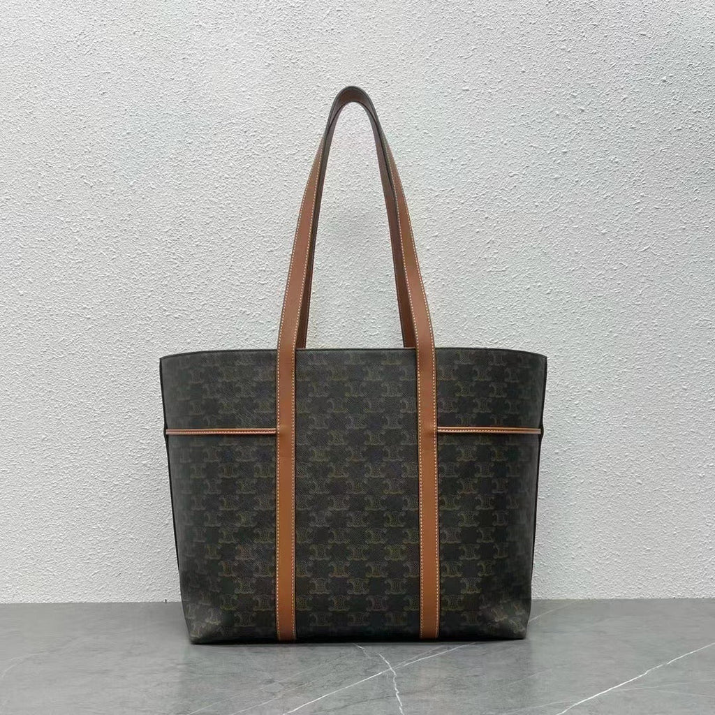 Celine Cabas Drawstring Bag Triomphe Black Brown Canvas & Calfskin