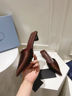 PRA POINTED-TOE MULES CHOCOLATE SATIN