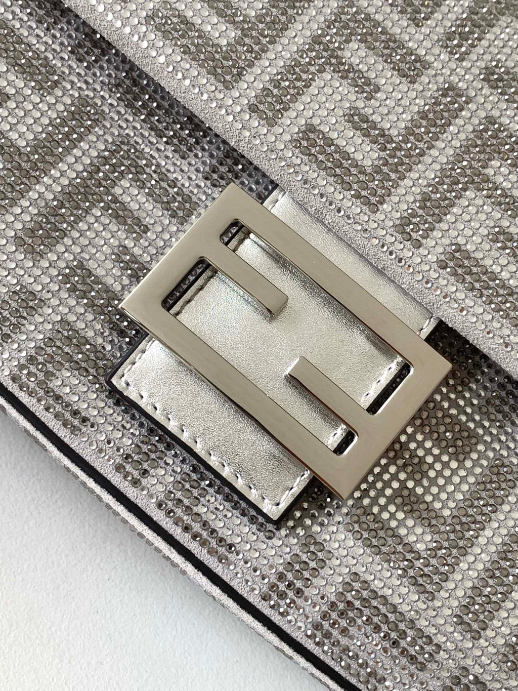 Fend Baguette 27 Bag Silver Leather with Crystal FF Motif Shw
