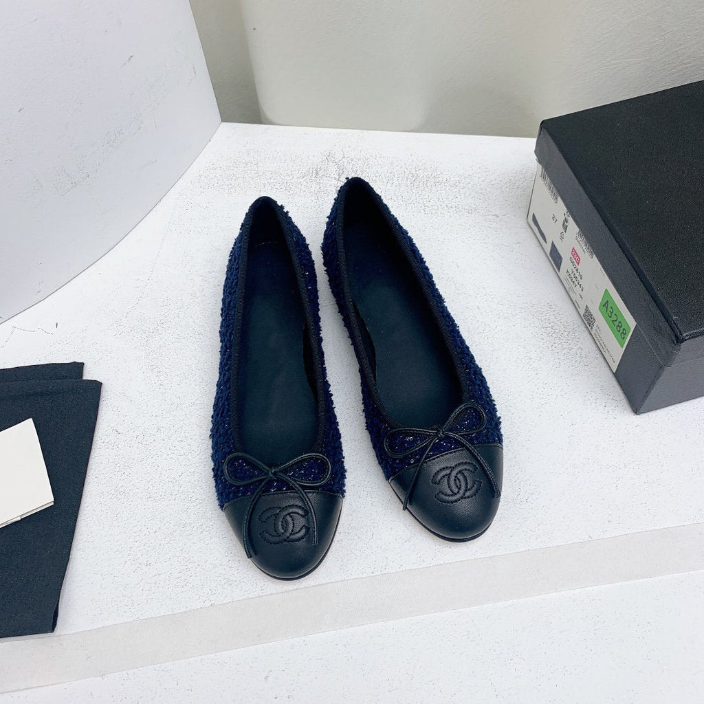 ballet flat dark blue tweed black grosgrain