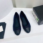 ballet flat dark blue tweed black grosgrain