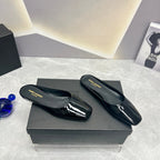 SL SQUARE TOE FLAT MULES BLACK POLISHED CALFSKIN