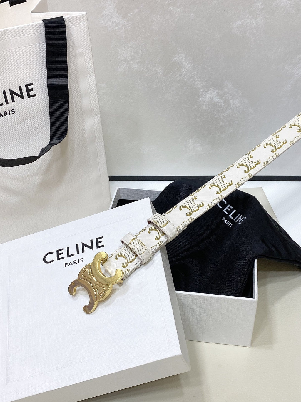 CEL Medium Triomphe Belt in Taurillon Monogram White Leather 175193