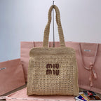 miu tote bag 38cm beige woven fabric