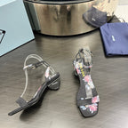PRA TRIANGLE HEEL FLOWER MOTIF SATIN SANDALS BLACK