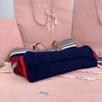LARGE SHOPPING BAG 40 IN NATURAL MIX BLUE WOVEN RAFFIA LEATHER STRAP
