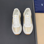 PRA SNEAKER IN WHITE CALFSKIN AND GOLD FABRIC WITH GOLDEN LOGO