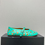 ALAIA MARY JANE SHOES IN GREEN MINT LAMBSKIN GOLD MIX SILVER HARDWARE