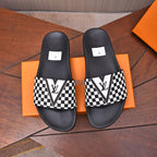 LV SLIPPERS IN BLACK MIX WHITE DAMIER CALFSKIN WITH WHITE LOGO