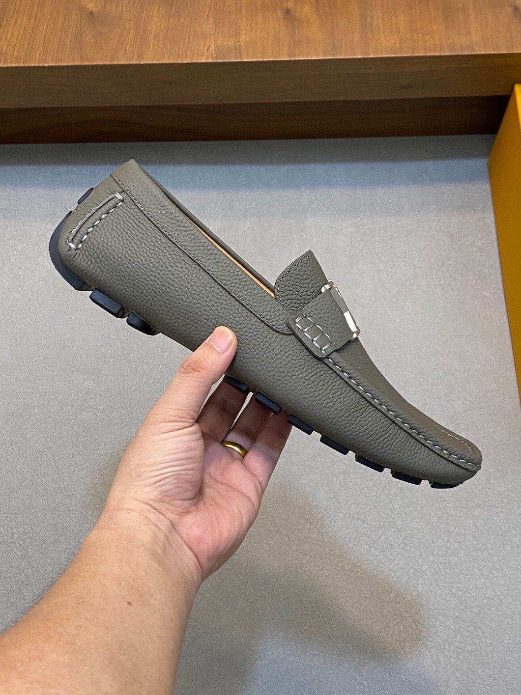 LV LOAFER IN SARDINE GREY WRINKLE CALFSKIN WITH SILVER LOGO