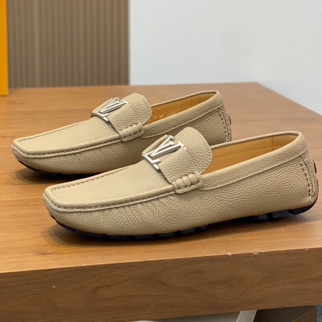 LV LOAFER IN DARK CREAM WRINKLE CALFSKIN WITH SILVER LOGO