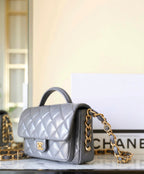 cc 24a flap bag 20cm top handle grey lambskin gold hardware