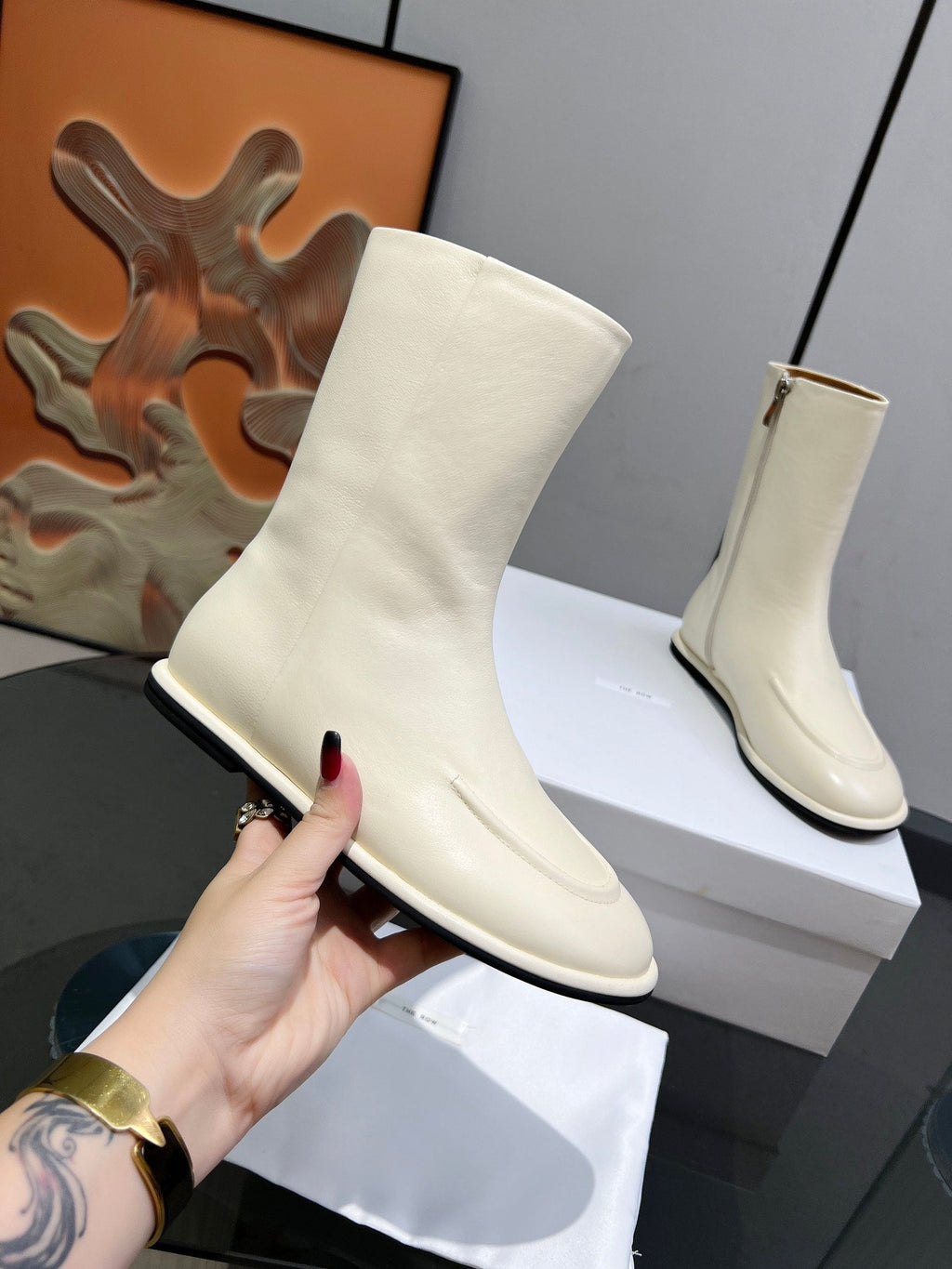 The Row Canal Boots Cream Cowhide 455038