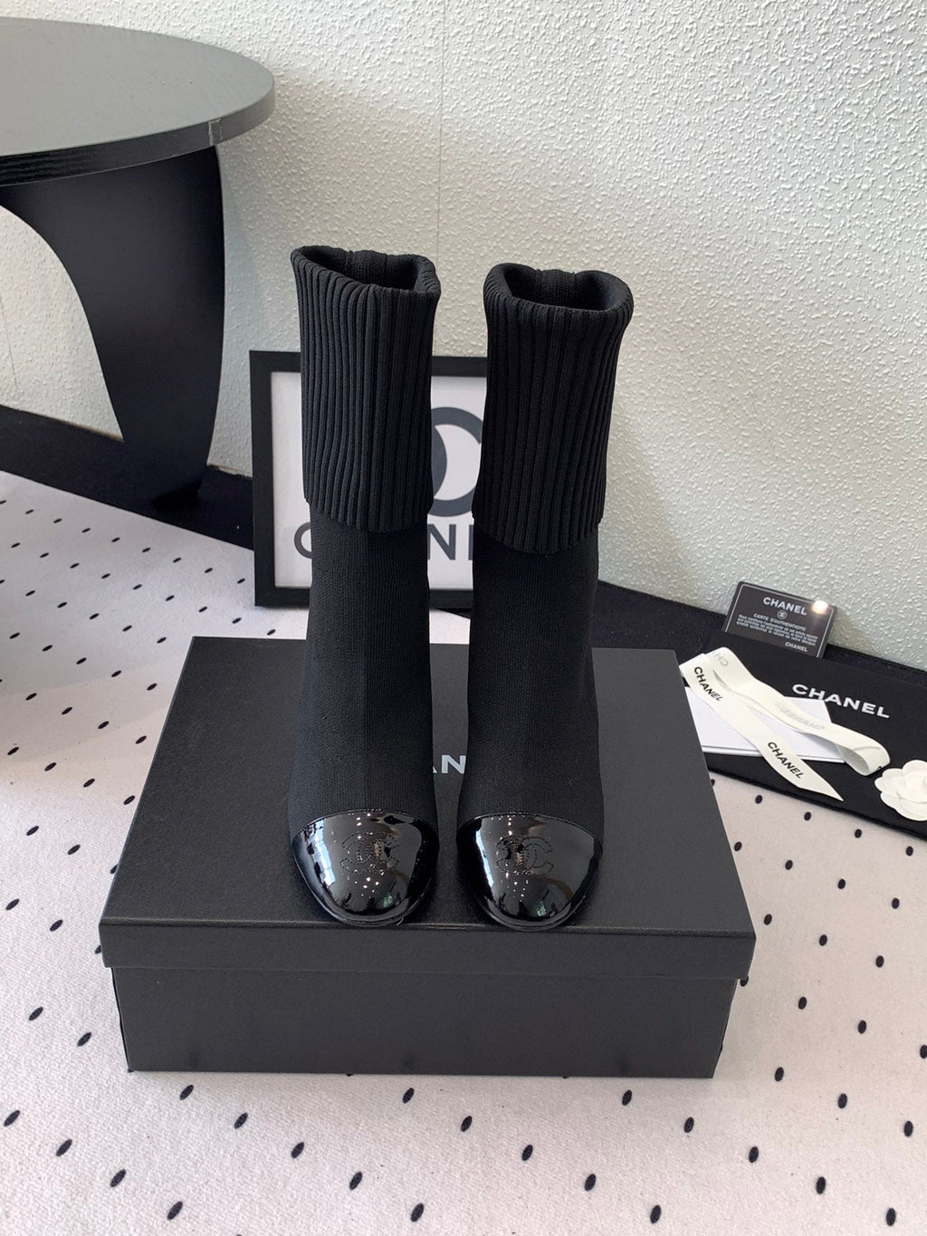 CC Short Boots 85mm Black Wool Mix Glossy Cowhide 938068