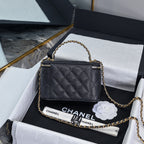 CC 24A Vanity Top Handle 16cm Black Grained Calfskin Gold Hardware