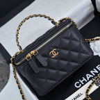 CC 24A Vanity Top Handle 16cm Black Grained Calfskin Gold Hardware