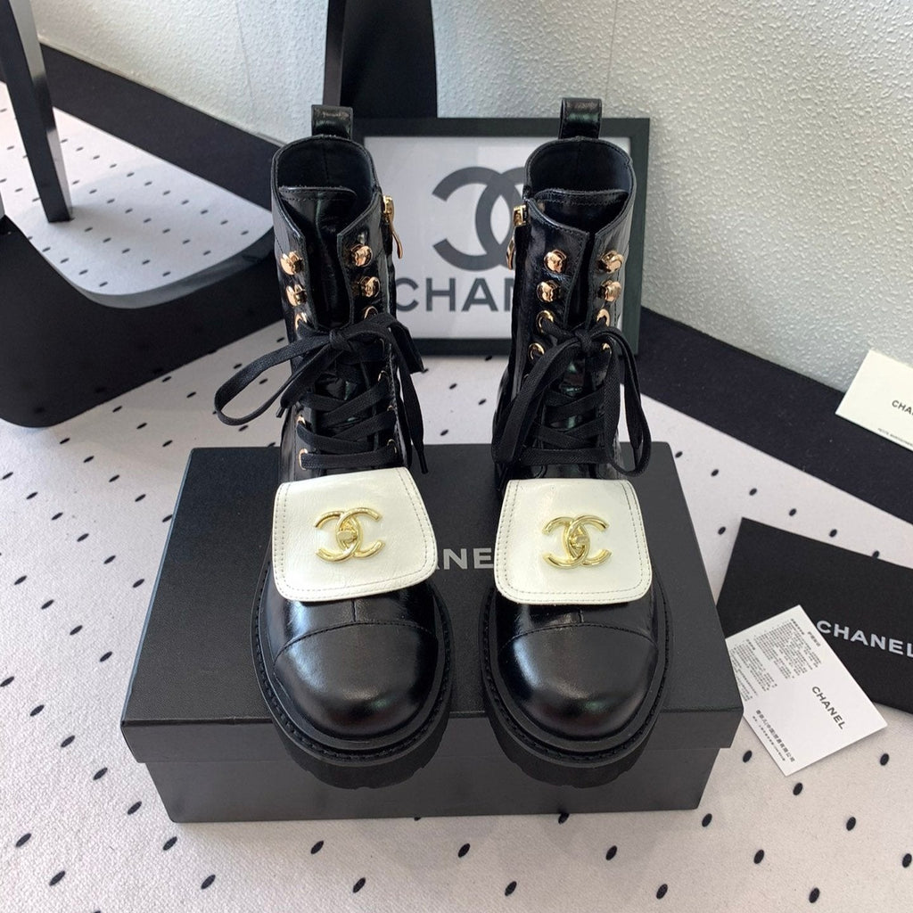 CC Short Boots In Black Mix White Logo Print Lambskin 938059