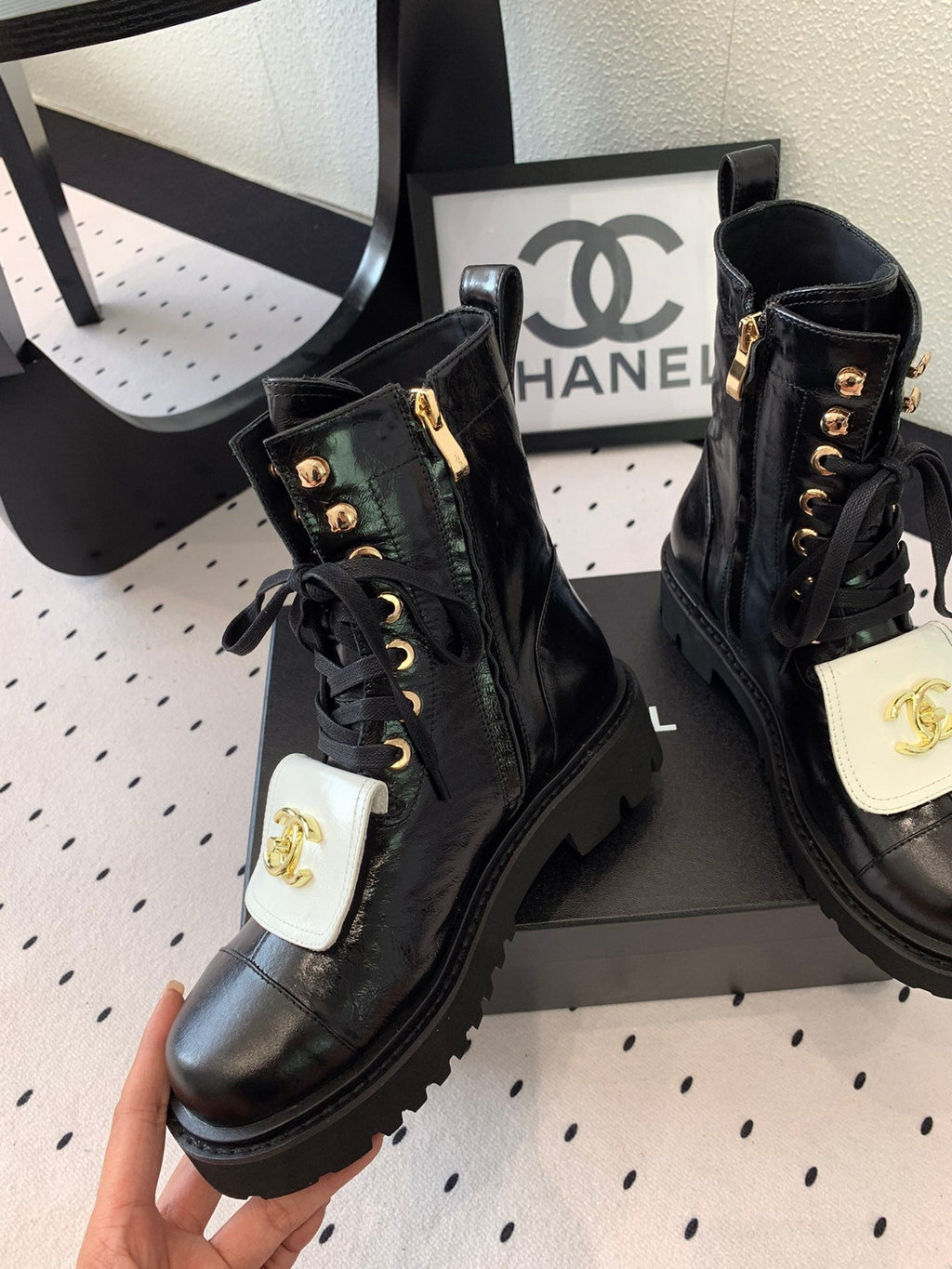 CC Short Boots In Black Mix White Logo Print Lambskin 938059