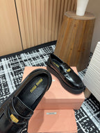 Miu Loafers Coin Shaped Thick Sole Glossy Black Cowhide