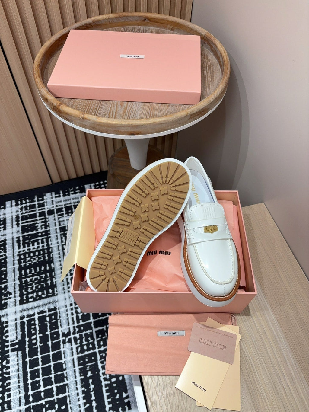Miu Loafers Coin Shaped Thick Sole White With Brown Border Cowhide