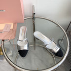 Miu Sandals Square Heel Shoes Silver Leather