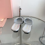 Miu Sandals Square Heel Shoes Silver Leather