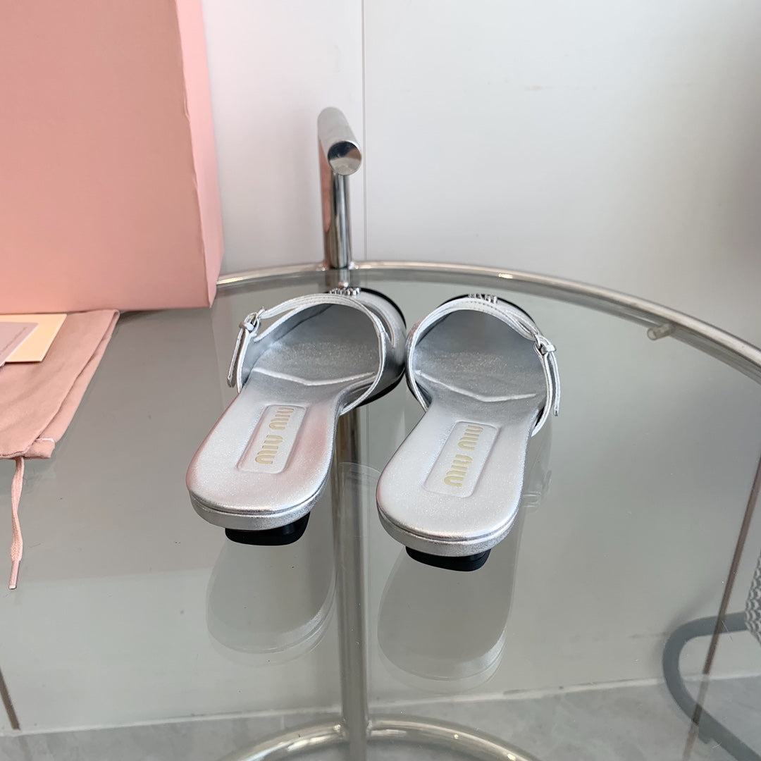 Miu Sandals Square Heel Shoes Silver Leather