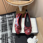 CC Ballet Flats Red Silk Flowers And Lambskin