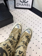 CC High-Top Canvas Boots Beige Black Denim Fabric  938050