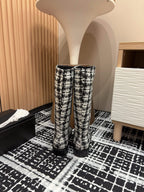 CC High Boots In White Mix Black Wool Tweed And Lambskin