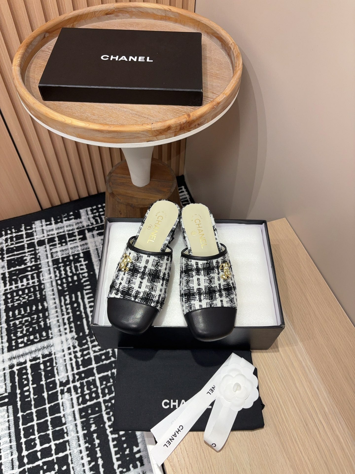 CC Mule 30mm In White Mix Black Wool Tweed And Lambskin