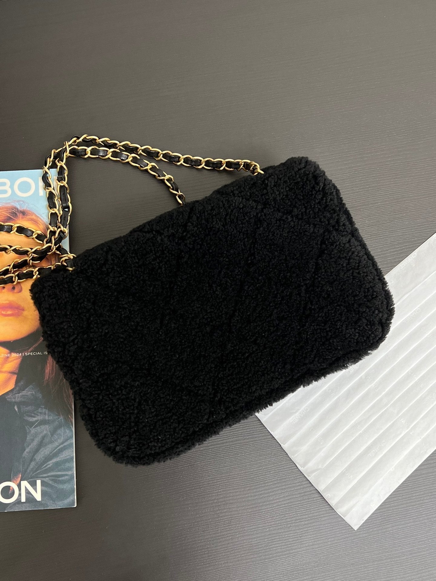 Flap Bag Small 23cm Black Sherling Lambskin Gold Hardware