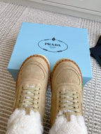 Prada Mid-Top Sneakers Light Khahi Suede White Shearing 564158