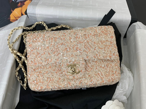 25C Flap Bag 20cm Beige Polka Dot Silver Sequin Calfskin