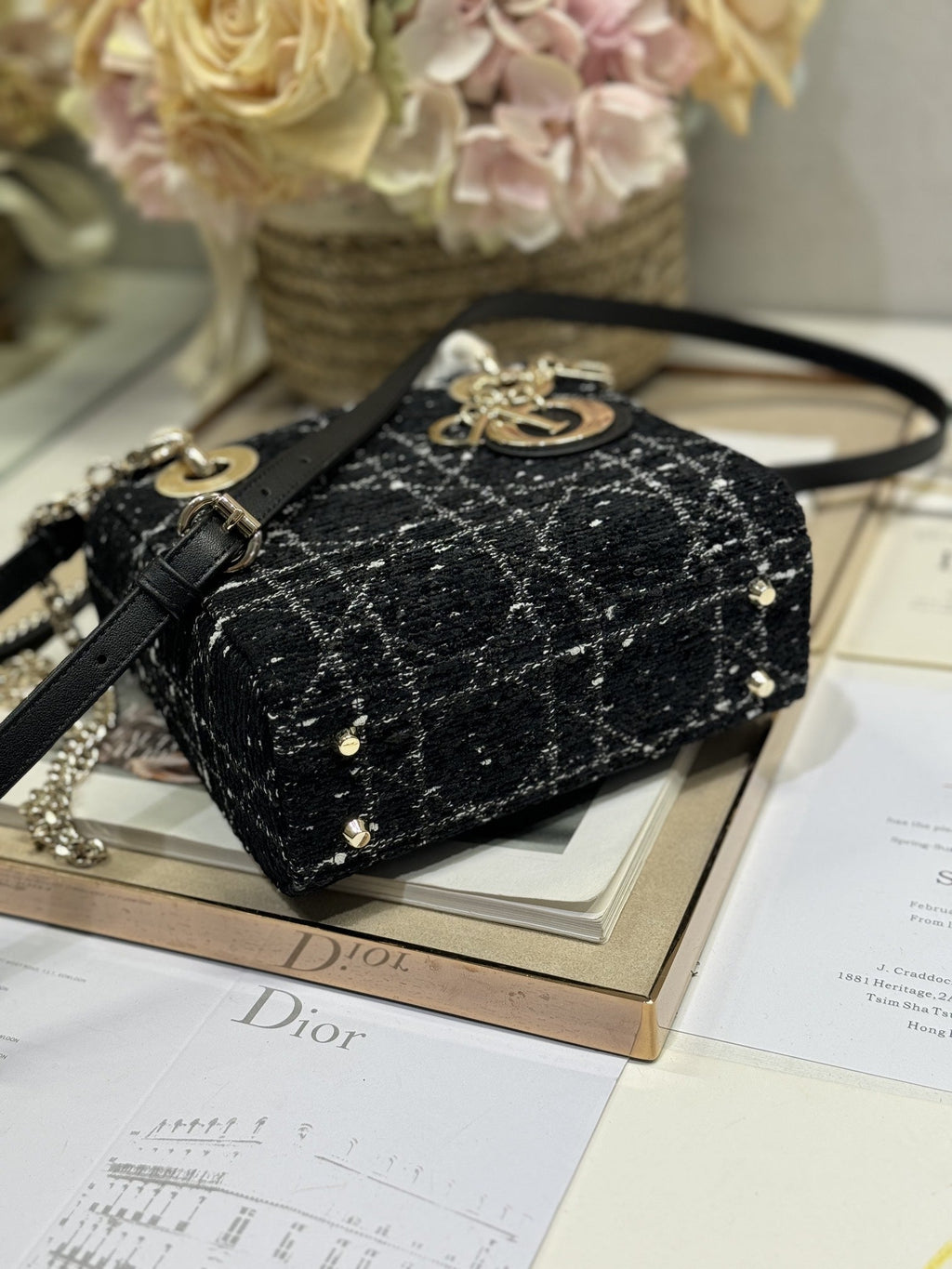 CD Lady 17cm Black Lambskin Black White Canvas