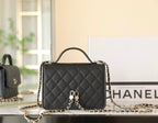 25C Flap Bag With Top Handle 18cm Black Grained Calfskin