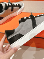 HM 25ss Kelly Buckle Sneakers Black Gray Cowhide Canvas 577490