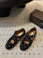 Alaia 25 Criss Cross With Stud Ballet Flats Black Suede Sheepskin  303693